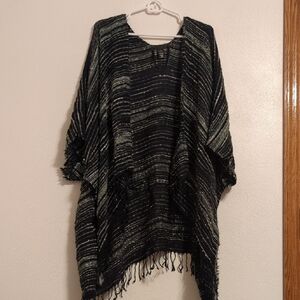 Mixit Black and Gray Fringe Poncho Sweater